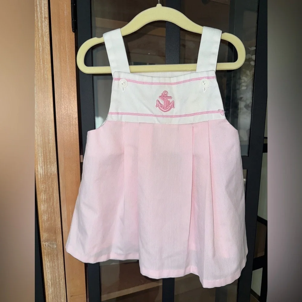 Vintage 90s sailor dress anchor nautical baby toddler girl embroidered pinafore